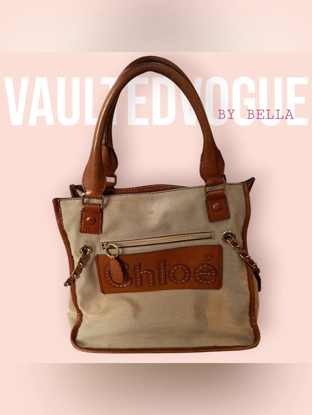 Chloé Beige Canvas Tote with Tan Leather Trim and Gold Hardware
